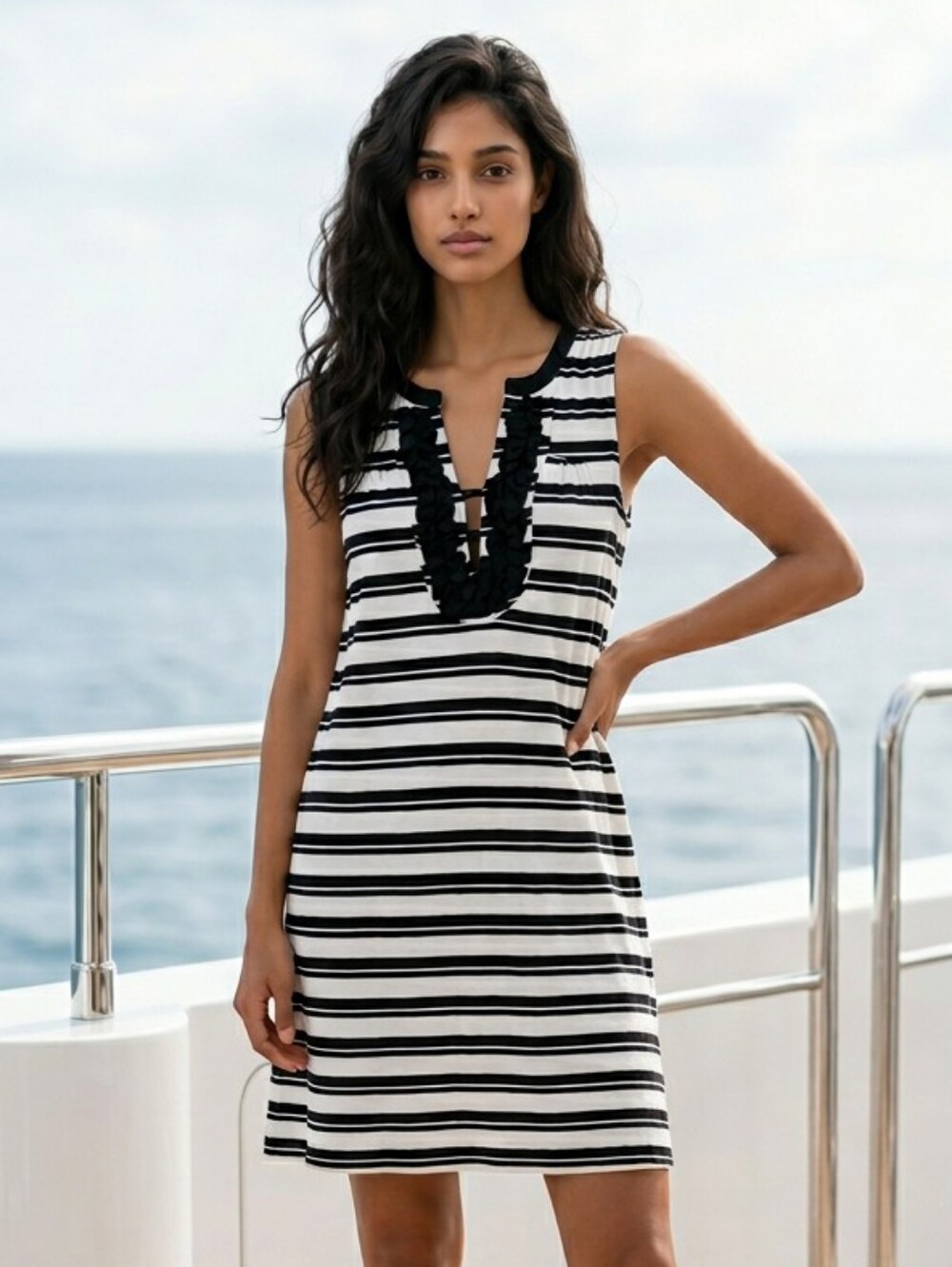 ECI New York Nautical Stripe Dress L Navy White Coastal Knit Sleeveless Comfy